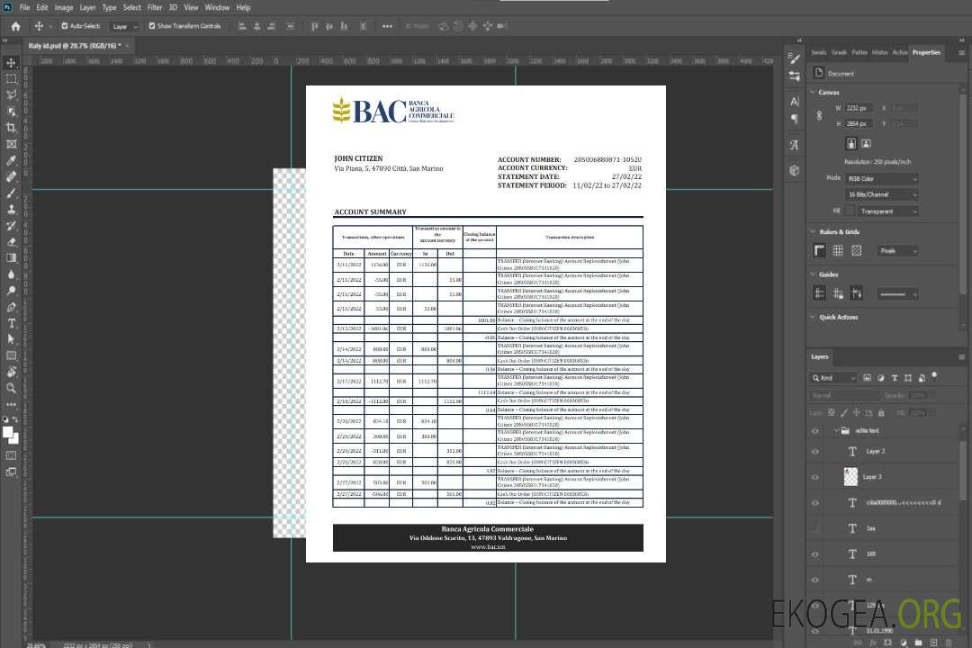 Relevé bancaire de la Banca Agricole Commerciale de Saint-Marin template Relevé bancaire de la Banca Agricole Commerciale de Saint-Marin template